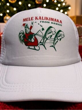Kai Aloha Supply Mele Kalikimaka Cap Hat Snapback Trucker White Mesh Hawaii